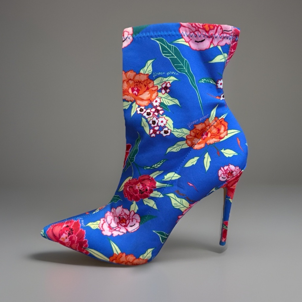 Aldo Blue Satin Floral Pointed Toe Ankle Booties Heels Women Size 7.5